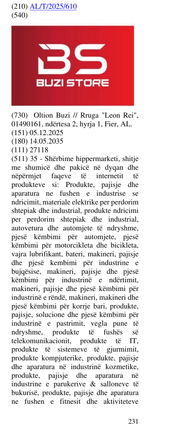 Zëri i markës STORE 233 në buletin