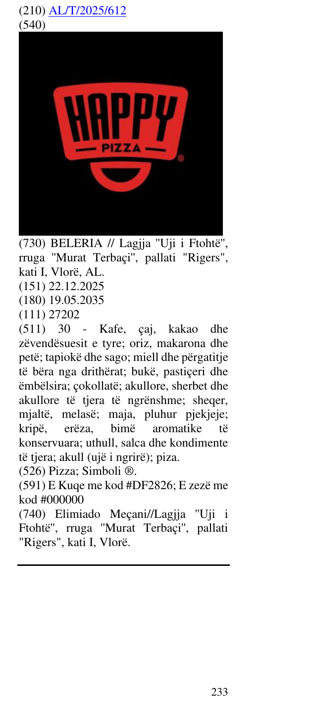 Zëri i markës Pizza; Simboli ®. në buletin