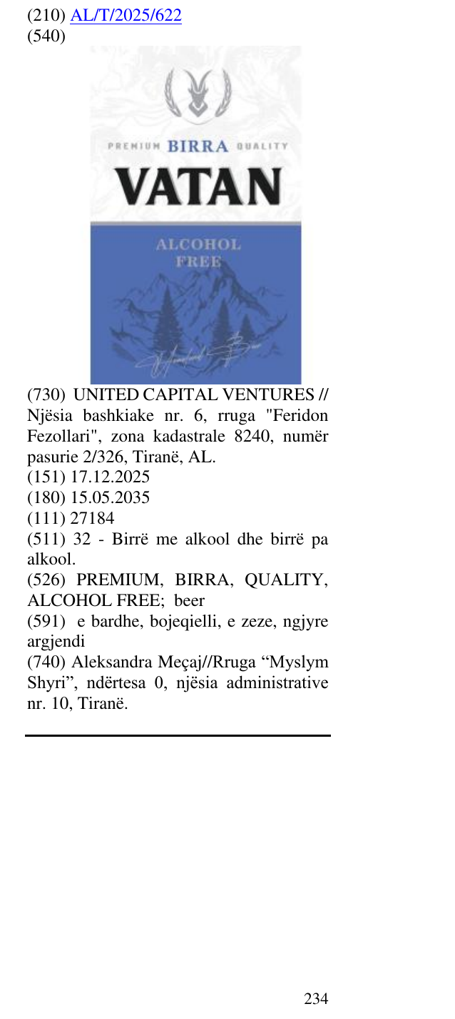 Zëri i markës PREMIUM, BIRRA, QUALITY, ALCOHOL FREE; beer në buletin