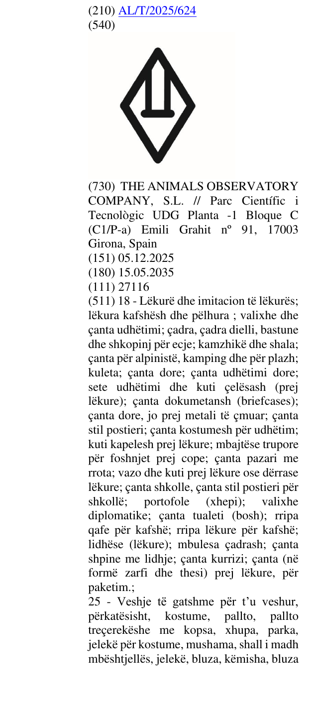 Zëri i markës AL/T/2025/624 në buletin