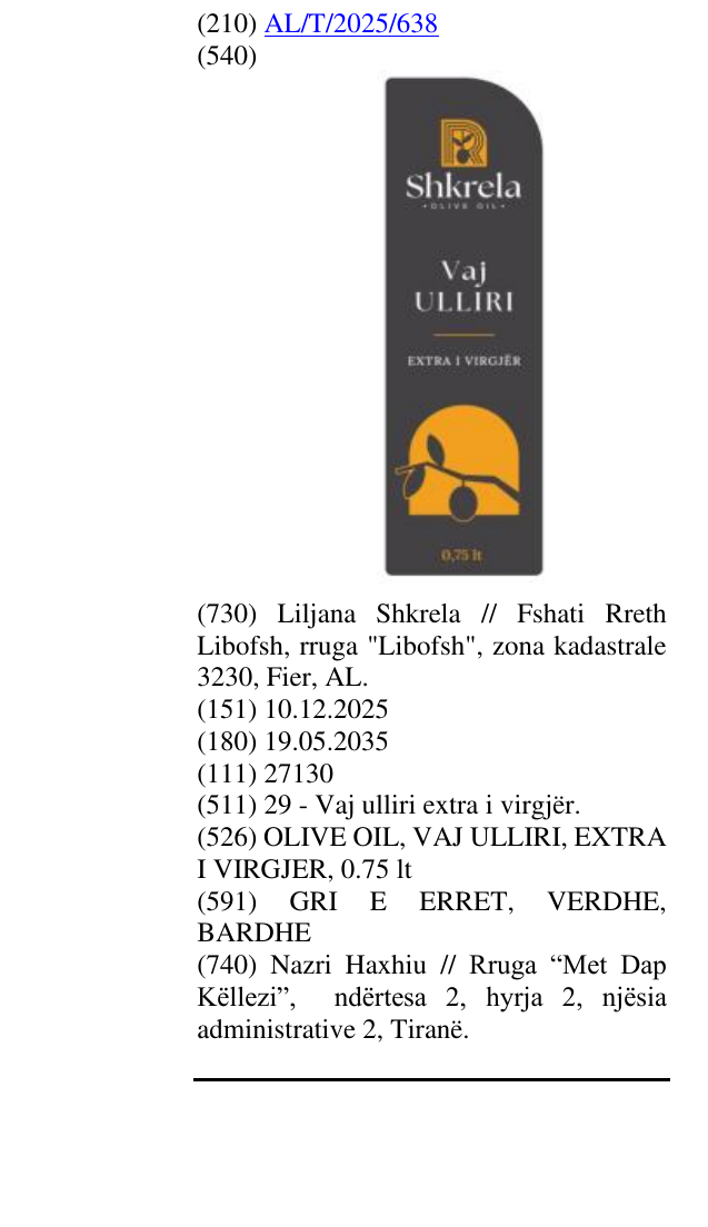 Zëri i markës OLIVE OIL, VAJ ULLIRI, EXTRA I VIRGJER, 0.75 lt në buletin