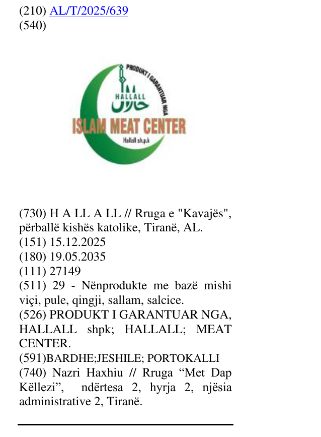 Zëri i markës PRODUKT I GARANTUAR NGA, HALLALL shpk; HALLALL; MEAT CENTER. në buletin