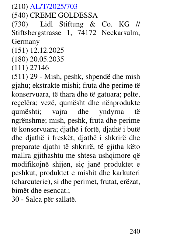 Zëri i markës CREME GOLDESSA në buletin