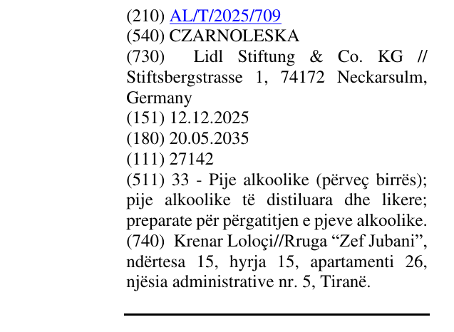 Zëri i markës CZARNOLESKA në buletin