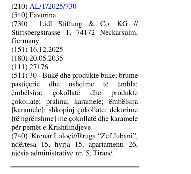 Zëri i markës Favorina në buletin