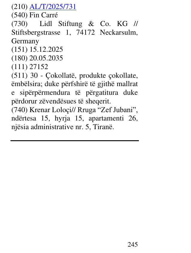Zëri i markës Fin Carré në buletin