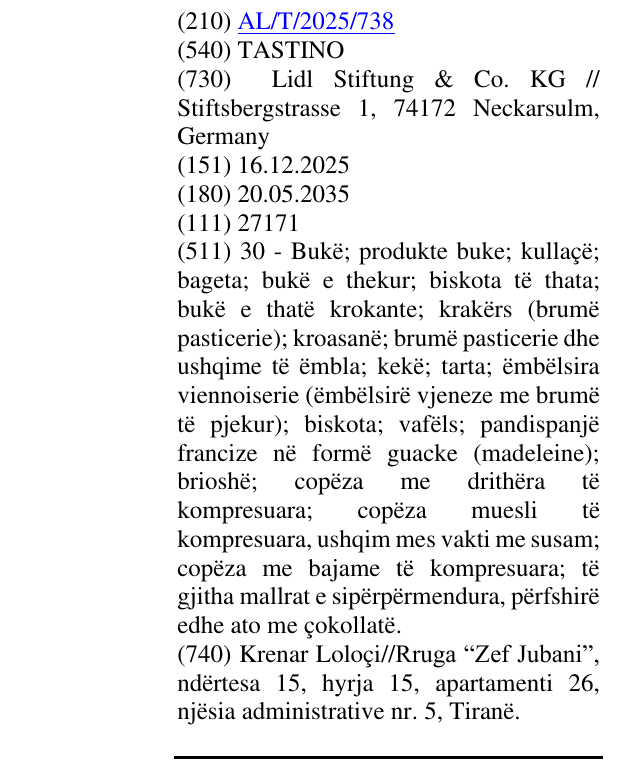 Zëri i markës TASTINO në buletin