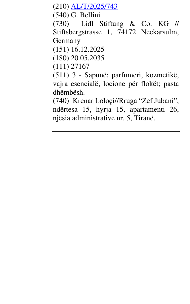 Zëri i markës G. Bellini në buletin