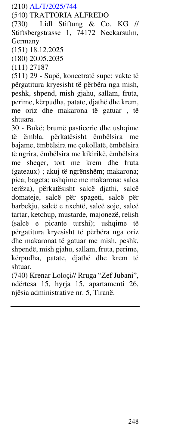 Zëri i markës TRATTORIA ALFREDO në buletin