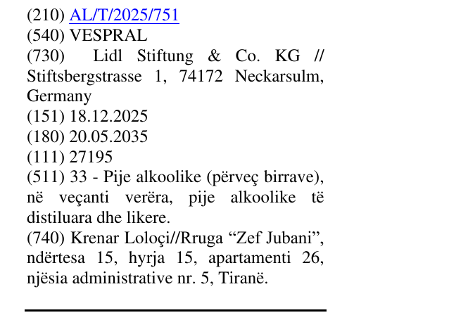 Zëri i markës VESPRAL në buletin