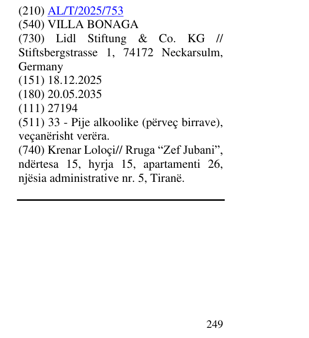 Zëri i markës VILLA BONAGA në buletin
