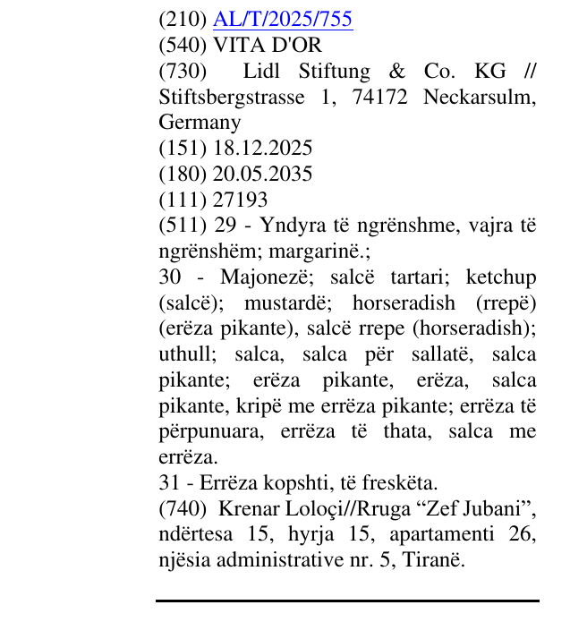 Zëri i markës VITA D'OR në buletin