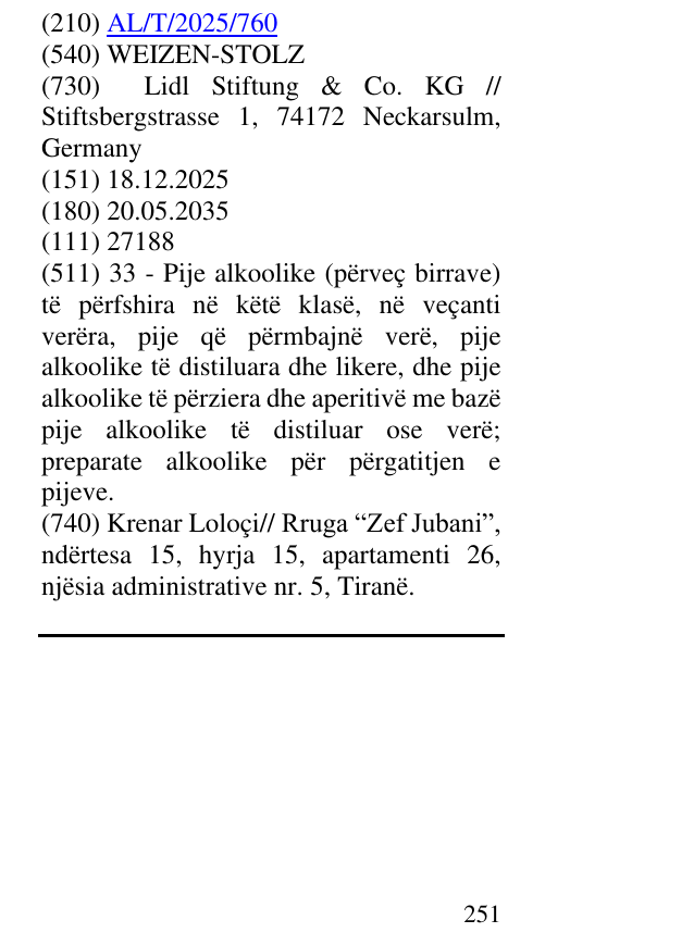 Zëri i markës WEIZEN-STOLZ në buletin
