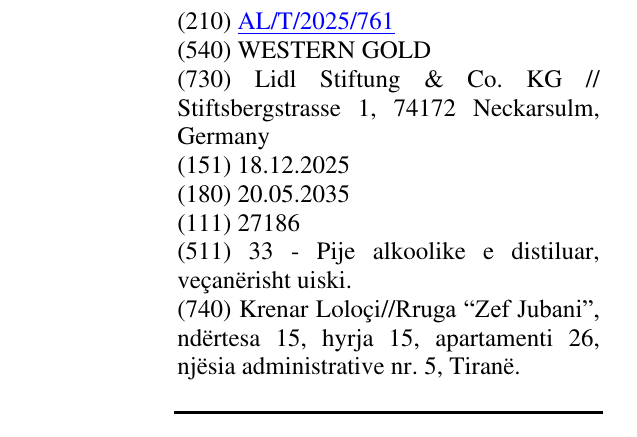 Zëri i markës WESTERN GOLD në buletin
