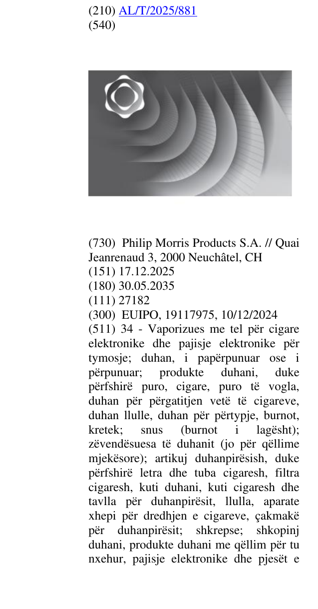 Zëri i markës AL/T/2025/881 në buletin