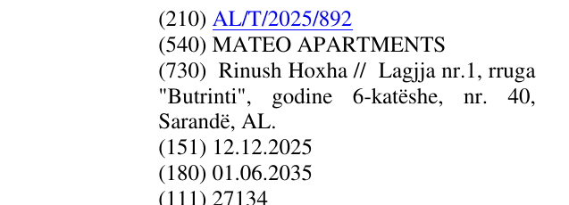 Zëri i markës MATEO APARTMENTS në buletin