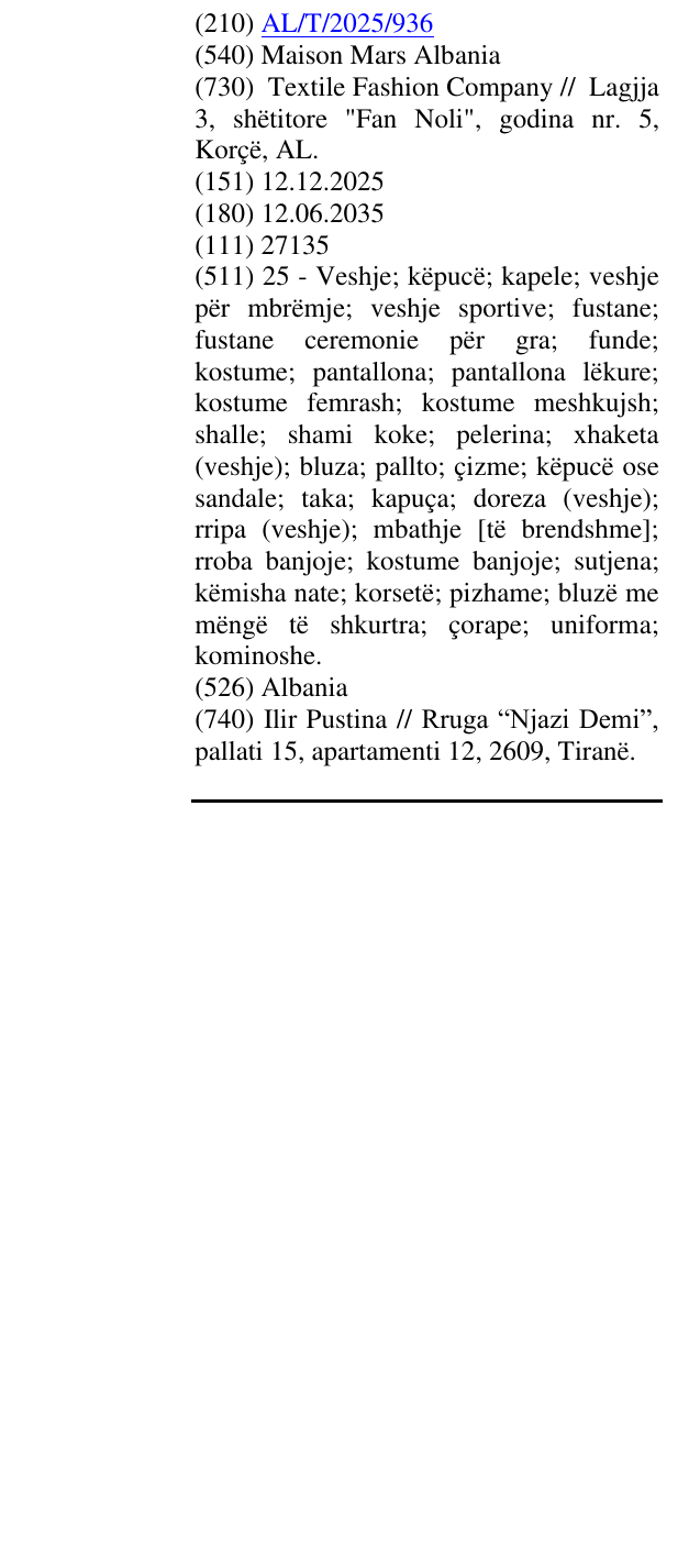 Zëri i markës Maison Mars Albania në buletin