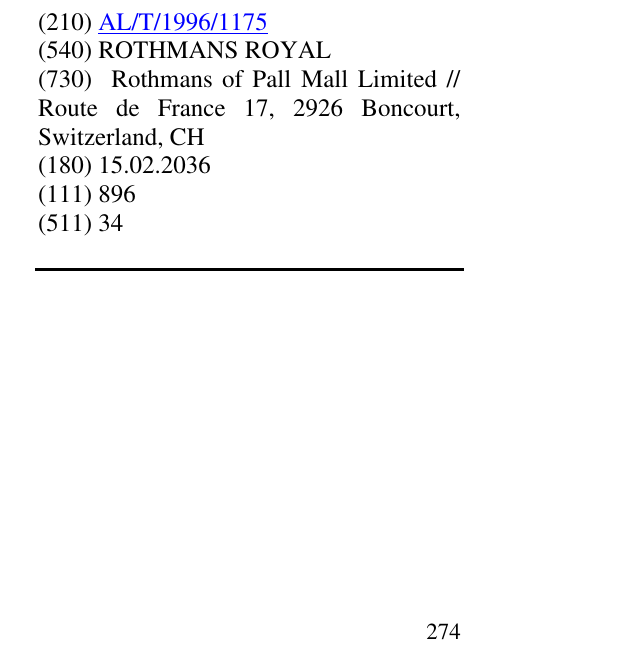 Zëri i markës ROTHMANS ROYAL në buletin