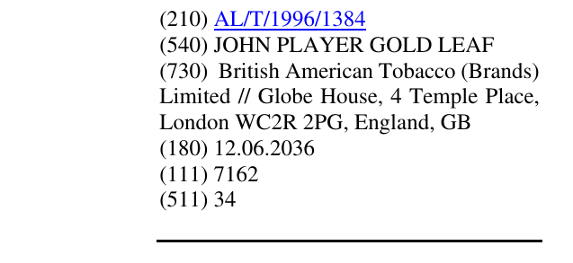 Zëri i markës JOHN PLAYER GOLD LEAF në buletin