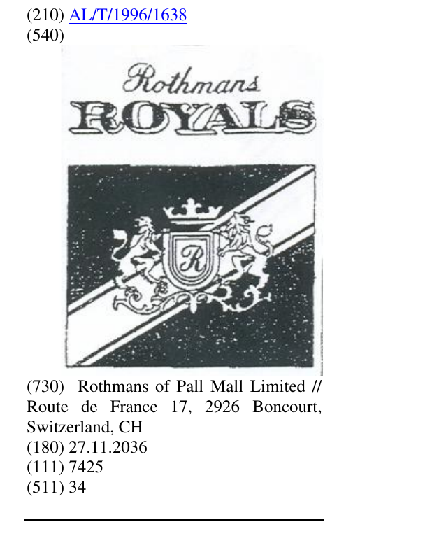 Zëri i markës ROTHMANS ROYALS në buletin