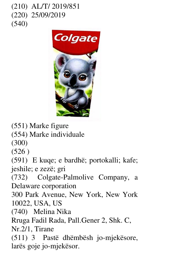 Zëri i markës COLGATE KOALA në buletin