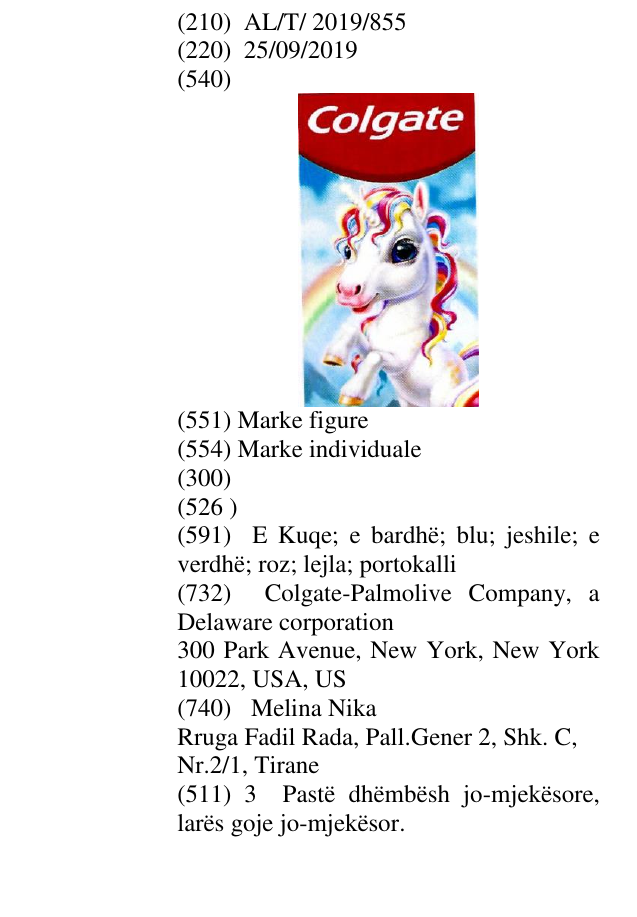Zëri i markës COLGATE UNICORN në buletin