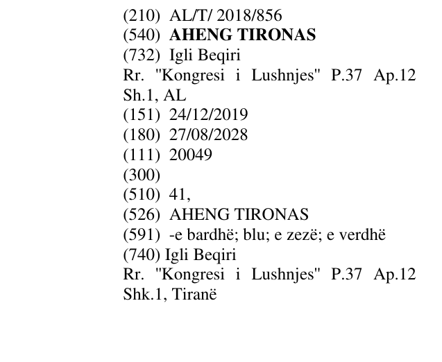 Zëri i markës AHENG TIRONAS në buletin