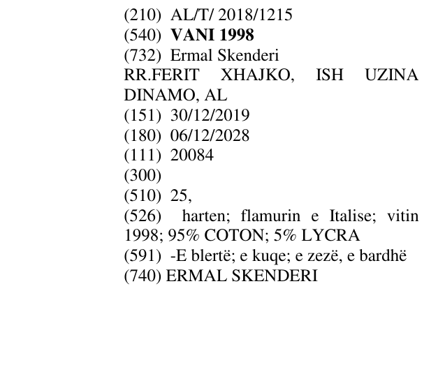 Zëri i markës VANI 1998 në buletin