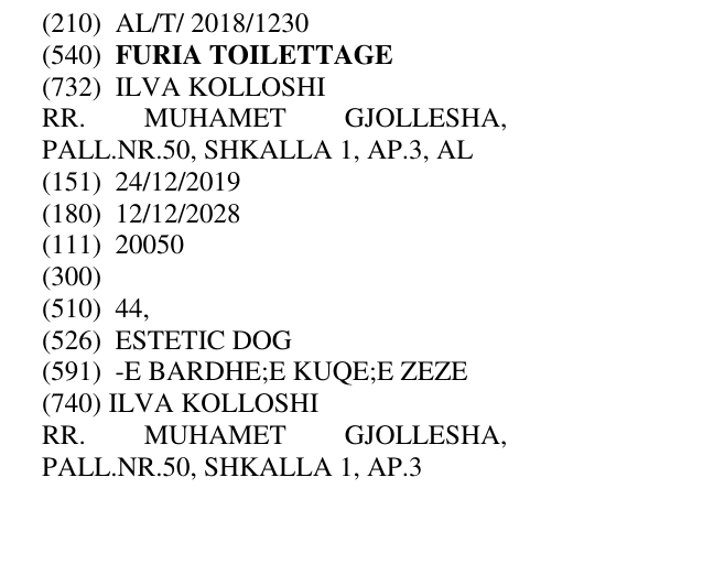 Zëri i markës FURIA TOILETTAGE në buletin