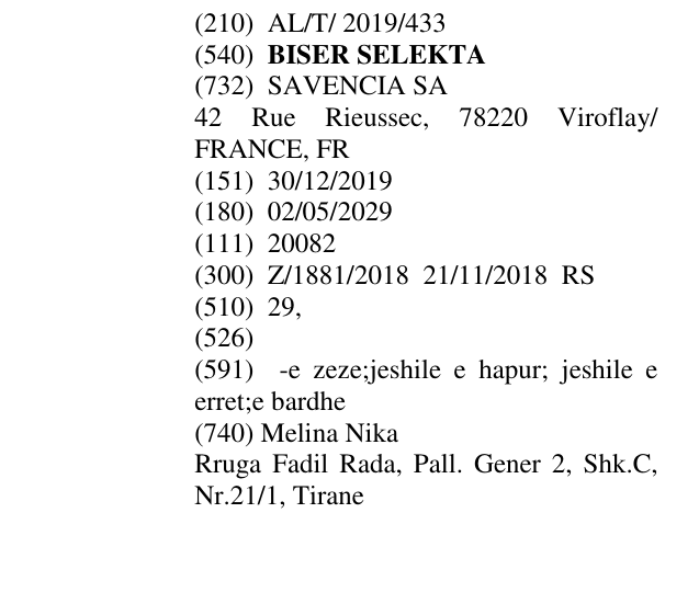 Zëri i markës BISER SELEKTA në buletin