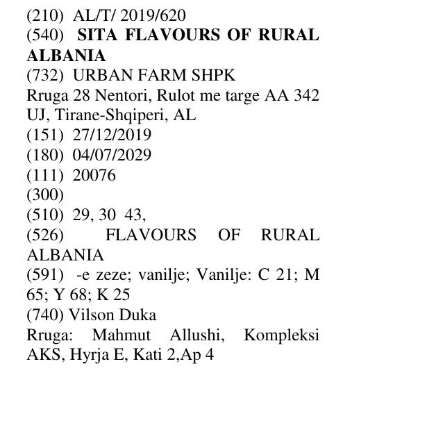 Zëri i markës SITA FLAVOURS OF RURAL ALBANIA në buletin
