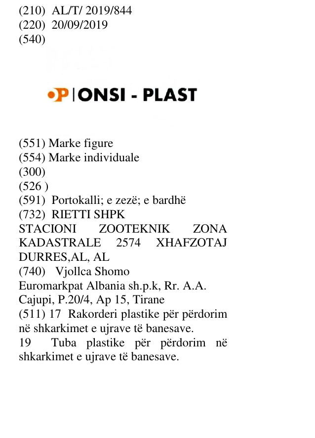 Zëri i markës P ONSI-PLAST në buletin