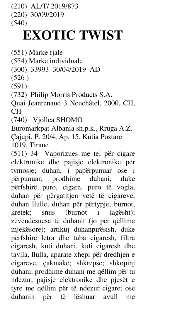 Zëri i markës EXOTIC TWIST në buletin