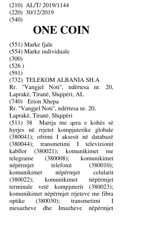 Zëri i markës ONE COIN në buletin