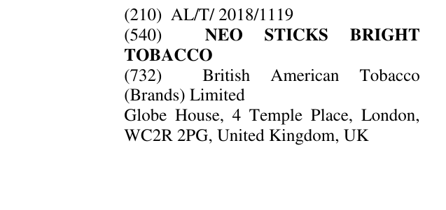 Zëri i markës NEO STICKS BRIGHT TOBACCO në buletin