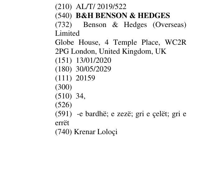 Zëri i markës B&H BENSON & HEDGES në buletin