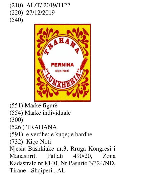 Zëri i markës TRAHANA në buletin