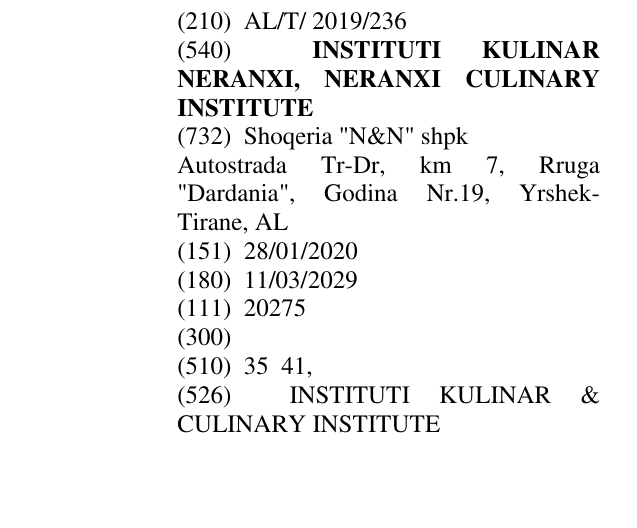 Zëri i markës INSTITUTI KULINAR NERANXI, NERANXI CULINARY INSTITUTE në buletin
