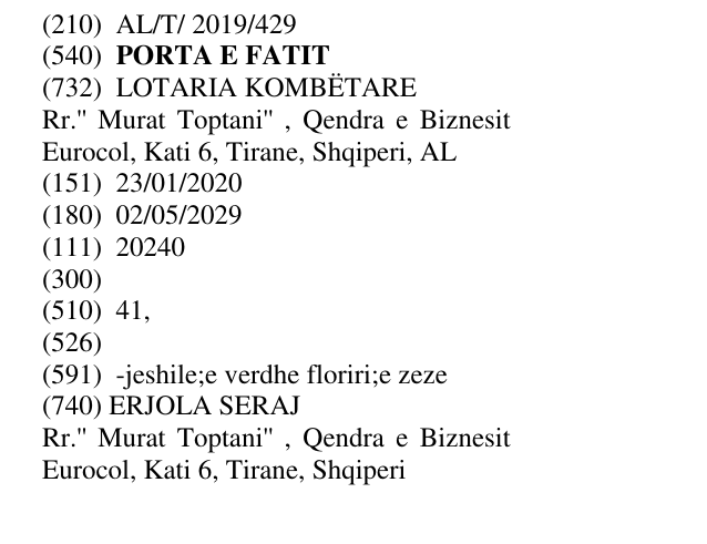 Zëri i markës PORTA E FATIT në buletin
