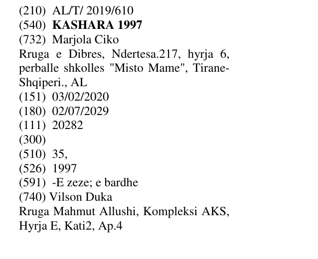 Zëri i markës KASHARA 1997 në buletin