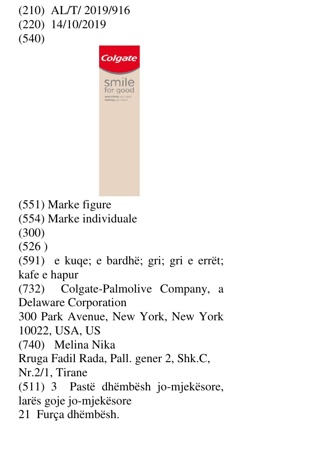 Zëri i markës COLGATE SMILE FOR GOOD EVERYTHING YOU NEED NOTHING YOU DON'T në buletin