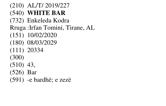 Zëri i markës WHITE BAR në buletin