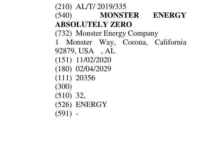 Zëri i markës MONSTER ENERGY ABSOLUTELY ZERO në buletin