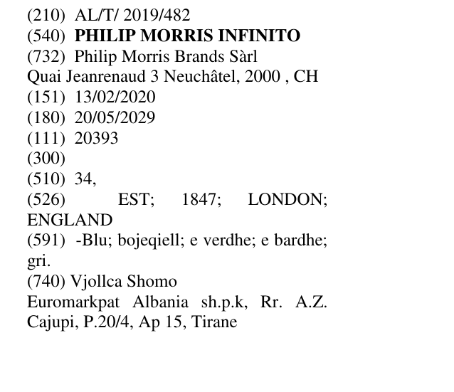 Zëri i markës PHILIP MORRIS INFINITO në buletin