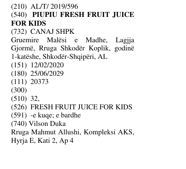 Zëri i markës PIUPIU FRESH FRUIT JUICE FOR KIDS në buletin