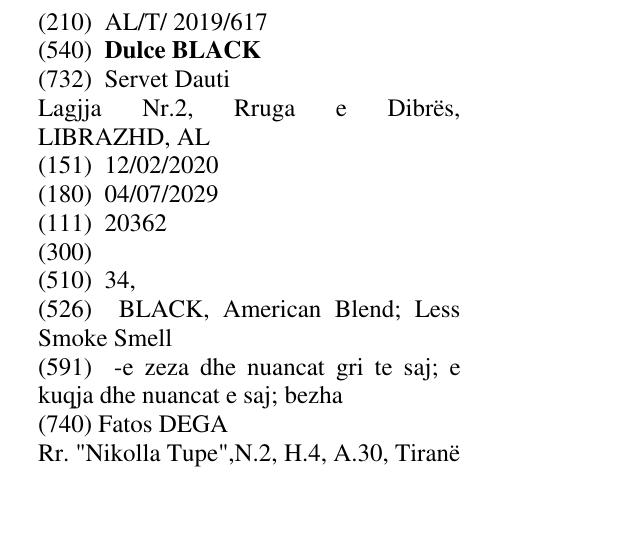 Zëri i markës Dulce BLACK në buletin