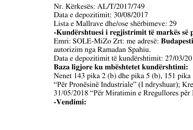 Zëri i markës Sole në buletin