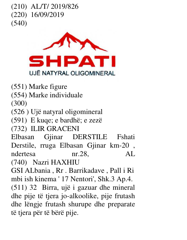 Zëri i markës Ujë natyral oligomineral në buletin