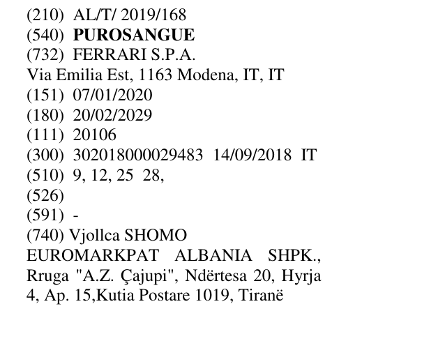 Zëri i markës PUROSANGUE në buletin
