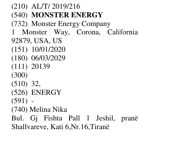 Zëri i markës MONSTER ENERGY në buletin